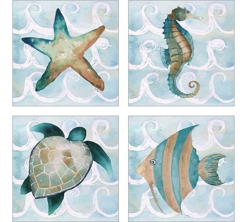 Sea Creatures on Waves  4 Piece Art Print Set by Elizabeth Medley