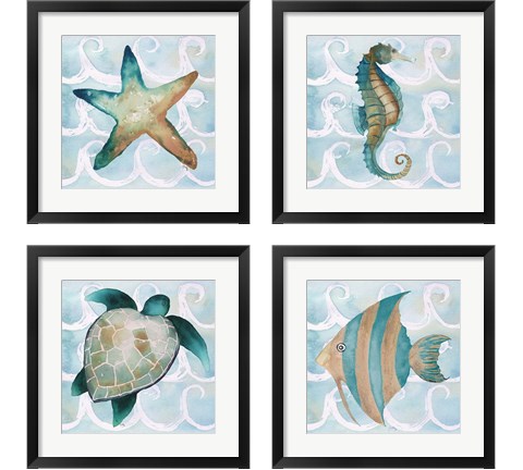 Sea Creatures on Waves  4 Piece Framed Art Print Set by Elizabeth Medley