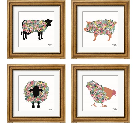 Floral Farm Animals 4 Piece Framed Art Print Set by Michele Norman