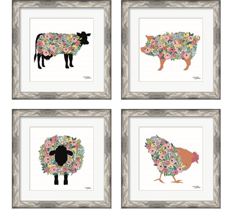 Floral Farm Animals 4 Piece Framed Art Print Set by Michele Norman