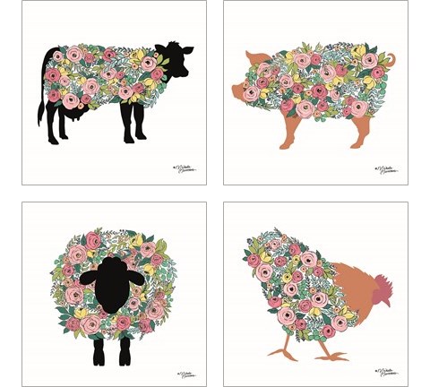 Floral Farm Animals 4 Piece Art Print Set by Michele Norman