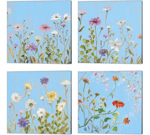 Wild Flowers on Cerulean 4 Piece Canvas Print Set by Sandra Iafrate