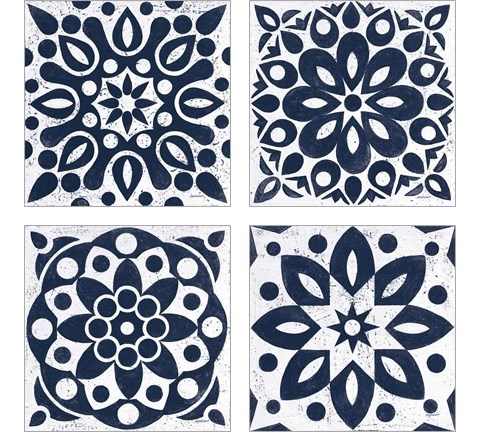 Blue and White Tile 4 Piece Art Print Set by Kathrine Lovell