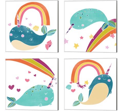 Happy Narwals 4 Piece Canvas Print Set by June Erica Vess