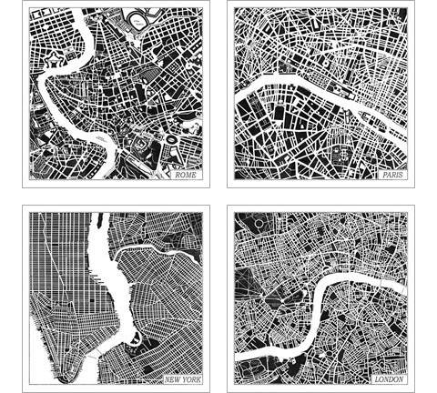 City Maps Black 4 Piece Art Print Set by Laura Marshall