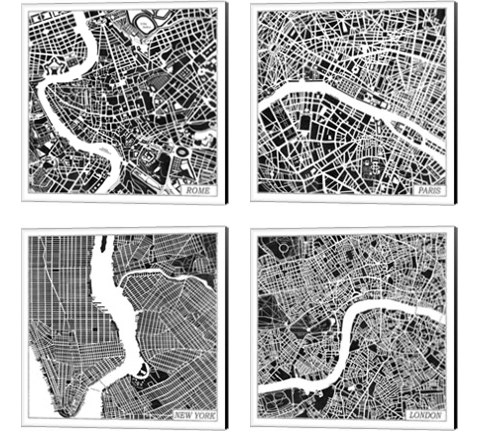 City Maps Black 4 Piece Canvas Print Set by Laura Marshall