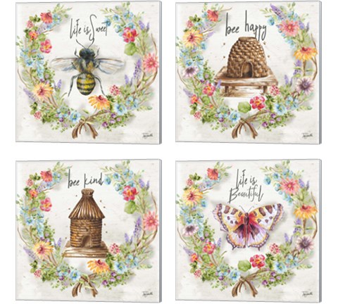 Butterfly and Herb Blossom Wreath 4 Piece Canvas Print Set by Tre Sorelle Studios