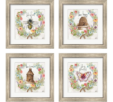 Butterfly and Herb Blossom Wreath 4 Piece Framed Art Print Set by Tre Sorelle Studios