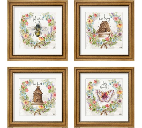 Butterfly and Herb Blossom Wreath 4 Piece Framed Art Print Set by Tre Sorelle Studios