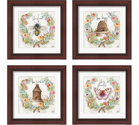 Butterfly and Herb Blossom Wreath 4 Piece Framed Art Print Set by Tre Sorelle Studios