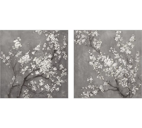 White Cherry Blossoms on Grey 2 Piece Art Print Set by Danhui Nai