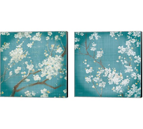 White Cherry Blossoms on Teal Aged no Bird 2 Piece Canvas Print Set by Danhui Nai