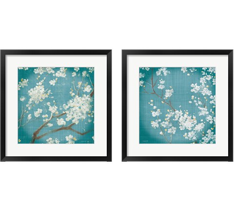 White Cherry Blossoms on Teal Aged no Bird 2 Piece Framed Art Print Set by Danhui Nai