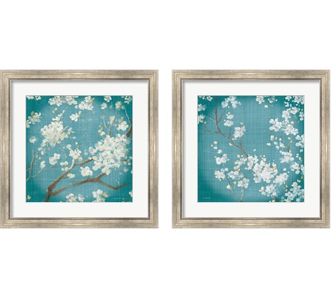 White Cherry Blossoms on Teal Aged no Bird 2 Piece Framed Art Print Set by Danhui Nai
