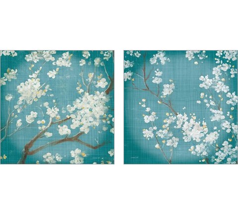 White Cherry Blossoms on Teal Aged no Bird 2 Piece Art Print Set by Danhui Nai