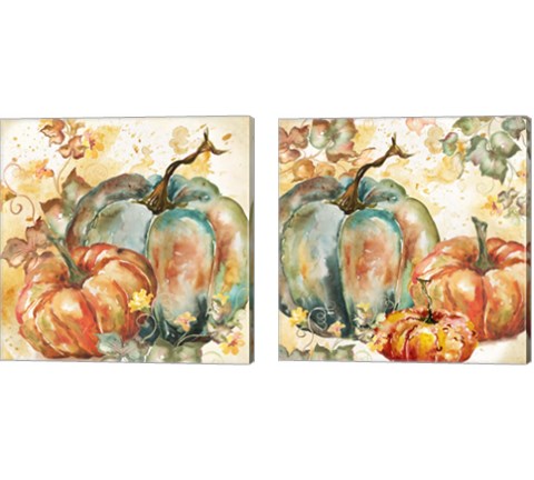 Watercolor Harvest Teal and Orange Pumpkins 2 Piece Canvas Print Set by Tre Sorelle Studios