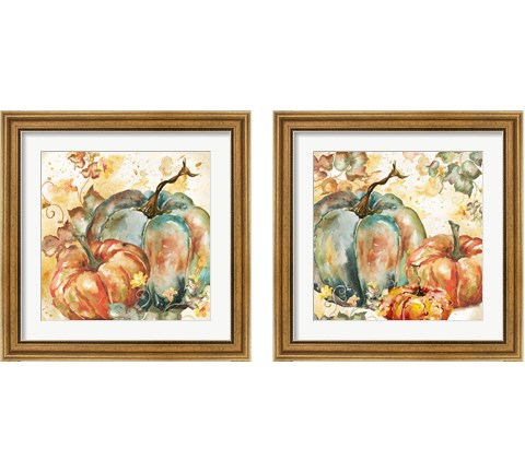 Watercolor Harvest Teal and Orange Pumpkins 2 Piece Framed Art Print Set by Tre Sorelle Studios