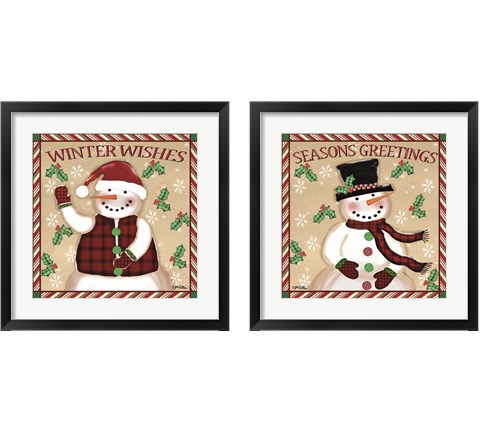 Season's Greetings Snowmen 2 Piece Framed Art Print Set by Jen Killeen