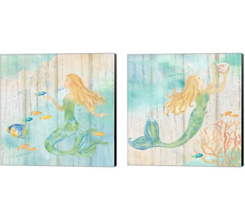 Sea Splash Mermaid Woodgrain 2 Piece Canvas Print Set by Cynthia Coulter