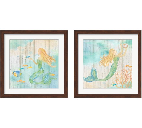 Sea Splash Mermaid Woodgrain 2 Piece Framed Art Print Set by Cynthia Coulter