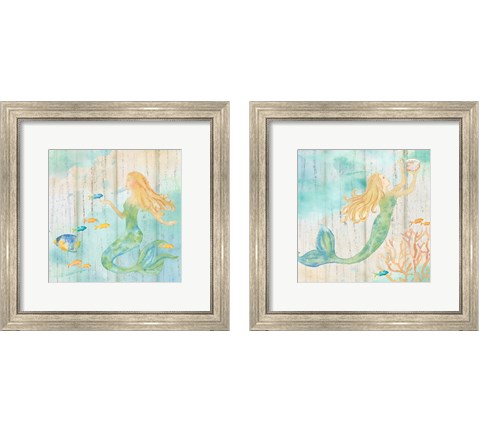 Sea Splash Mermaid Woodgrain 2 Piece Framed Art Print Set by Cynthia Coulter