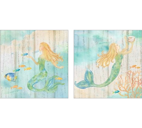 Sea Splash Mermaid Woodgrain 2 Piece Art Print Set by Cynthia Coulter