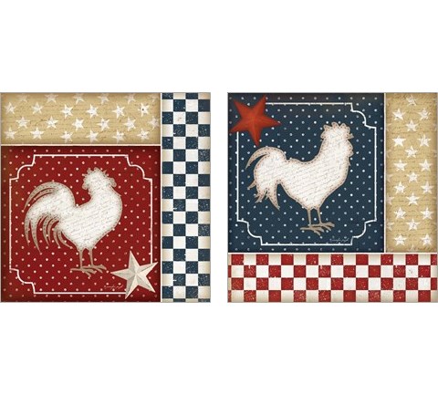 Red White and Blue Rooster 2 Piece Art Print Set by Jennifer Pugh