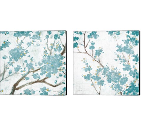Teal Cherry Blossoms on Cream Aged 2 Piece Canvas Print Set by Danhui Nai