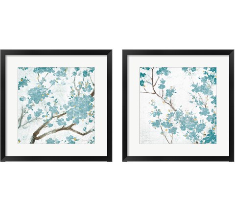 Teal Cherry Blossoms on Cream Aged 2 Piece Framed Art Print Set by Danhui Nai