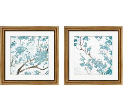 Teal Cherry Blossoms on Cream Aged 2 Piece Framed Art Print Set by Danhui Nai