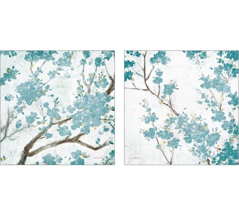 Teal Cherry Blossoms on Cream Aged 2 Piece Art Print Set by Danhui Nai