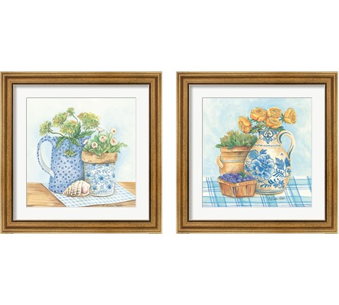 Blue and White Pottery with Flowers 2 Piece Framed Art Print Set by Diane Kater