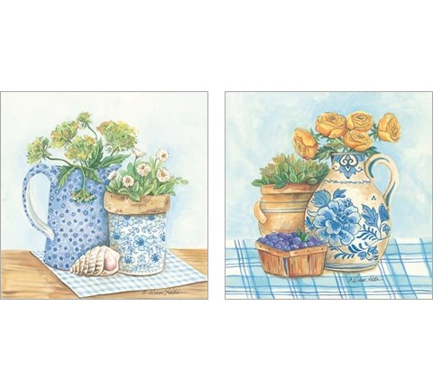 Blue and White Pottery with Flowers 2 Piece Art Print Set by Diane Kater