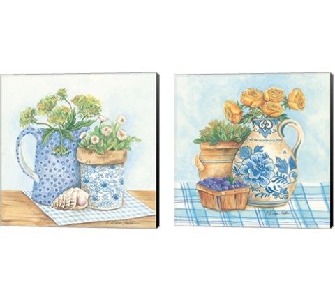 Blue and White Pottery with Flowers 2 Piece Canvas Print Set by Diane Kater