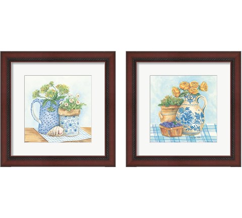 Blue and White Pottery with Flowers 2 Piece Framed Art Print Set by Diane Kater