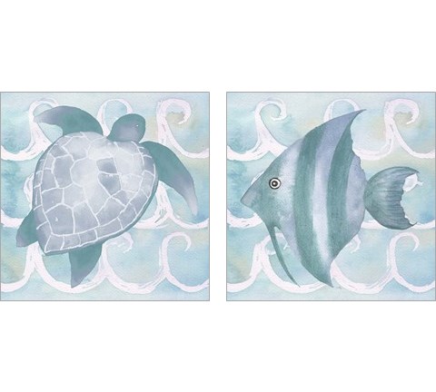 Azure Sea Creatures  2 Piece Art Print Set by Elizabeth Medley