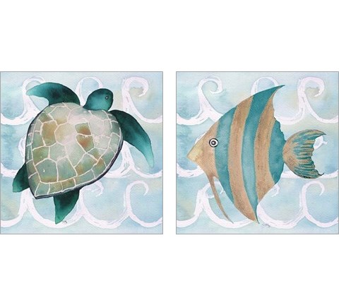 Sea Creatures on Waves  2 Piece Art Print Set by Elizabeth Medley