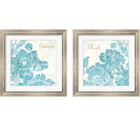 Toile Roses Teal  2 Piece Framed Art Print Set by Sue Schlabach