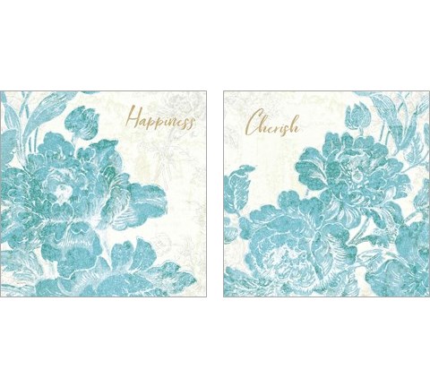Toile Roses Teal  2 Piece Art Print Set by Sue Schlabach