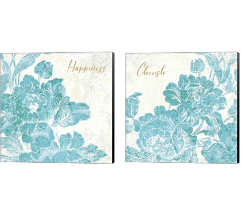 Toile Roses Teal  2 Piece Canvas Print Set by Sue Schlabach