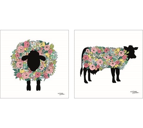 Floral Farm Animals 2 Piece Art Print Set by Michele Norman