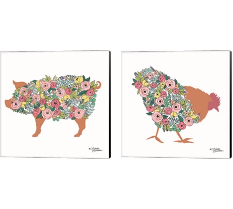 Floral Farm Animals 2 Piece Canvas Print Set by Michele Norman