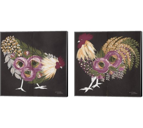 Floral Hen on Black 2 Piece Canvas Print Set by Michele Norman