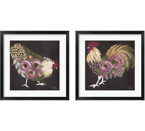 Floral Hen on Black 2 Piece Framed Art Print Set by Michele Norman