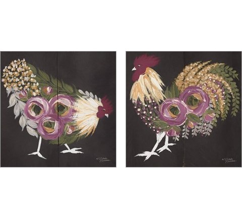Floral Hen on Black 2 Piece Art Print Set by Michele Norman
