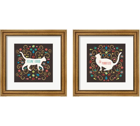 Otomi Cats Dark 2 Piece Framed Art Print Set by Veronique Charron