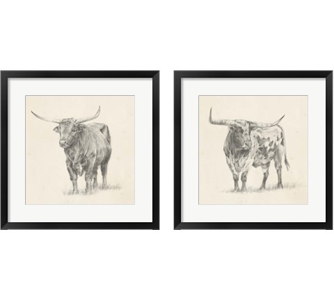 Longhorn Steer Sketch 2 Piece Framed Art Print Set by Ethan Harper
