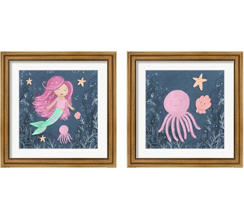Mermaid and Octopus Navy 2 Piece Framed Art Print Set by Hartworks