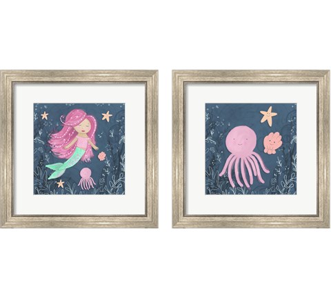 Mermaid and Octopus Navy 2 Piece Framed Art Print Set by Hartworks