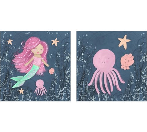Mermaid and Octopus Navy 2 Piece Art Print Set by Hartworks
